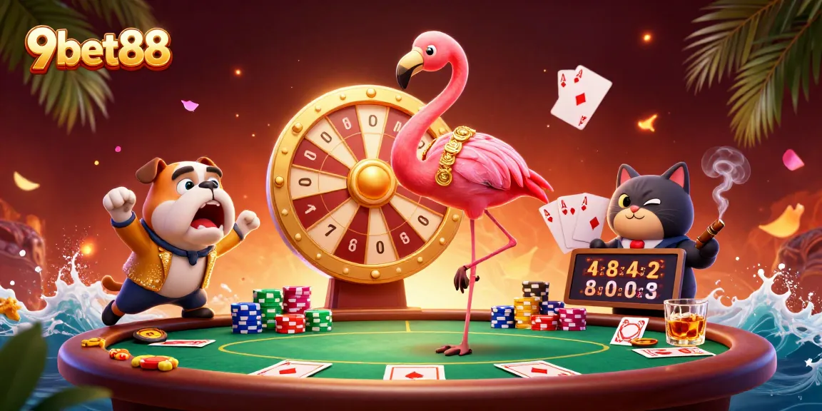 9bet88 showcases an exhilarating casino scene with vibrant characters, thrilling games, and rich visual details.