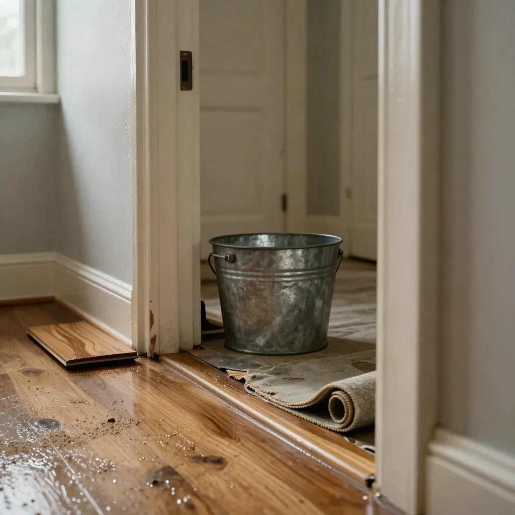 Leak-damaged hallway with wet baseboard, torn floorboard, bucket and rolled carpet edge.