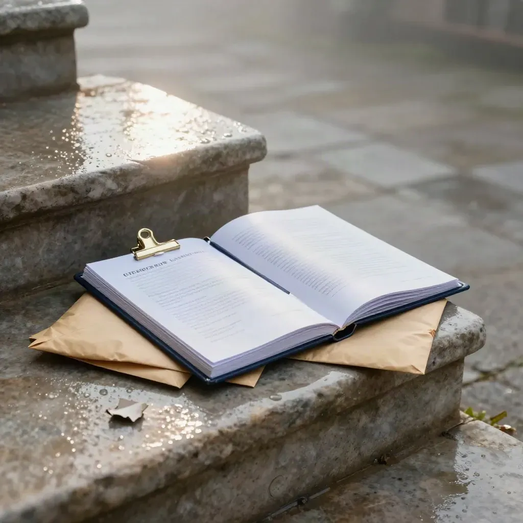 Rain-soaked evidence binder, photos, envelopes and plaster chip on a pale stone step