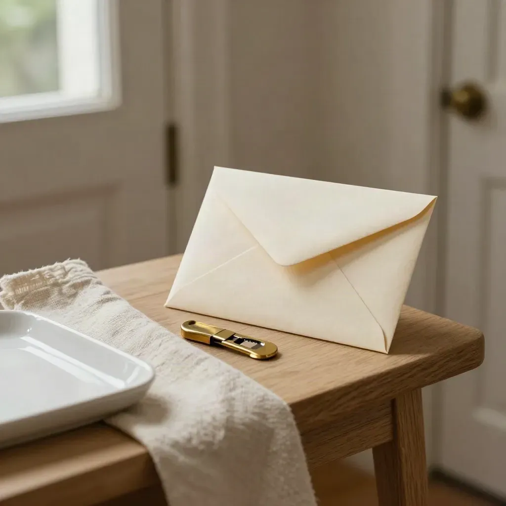 Cream envelopes, brass opener, linen cloth, and ceramic tray on a hall table by the door.