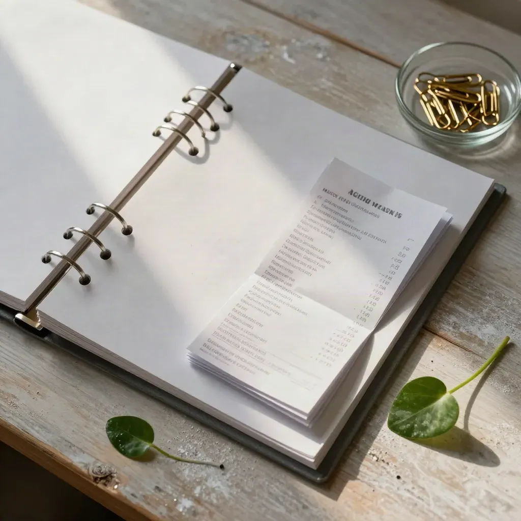 Top-down workbench flat lay with binder, receipts, paper clips and a pothos in soft noon light.