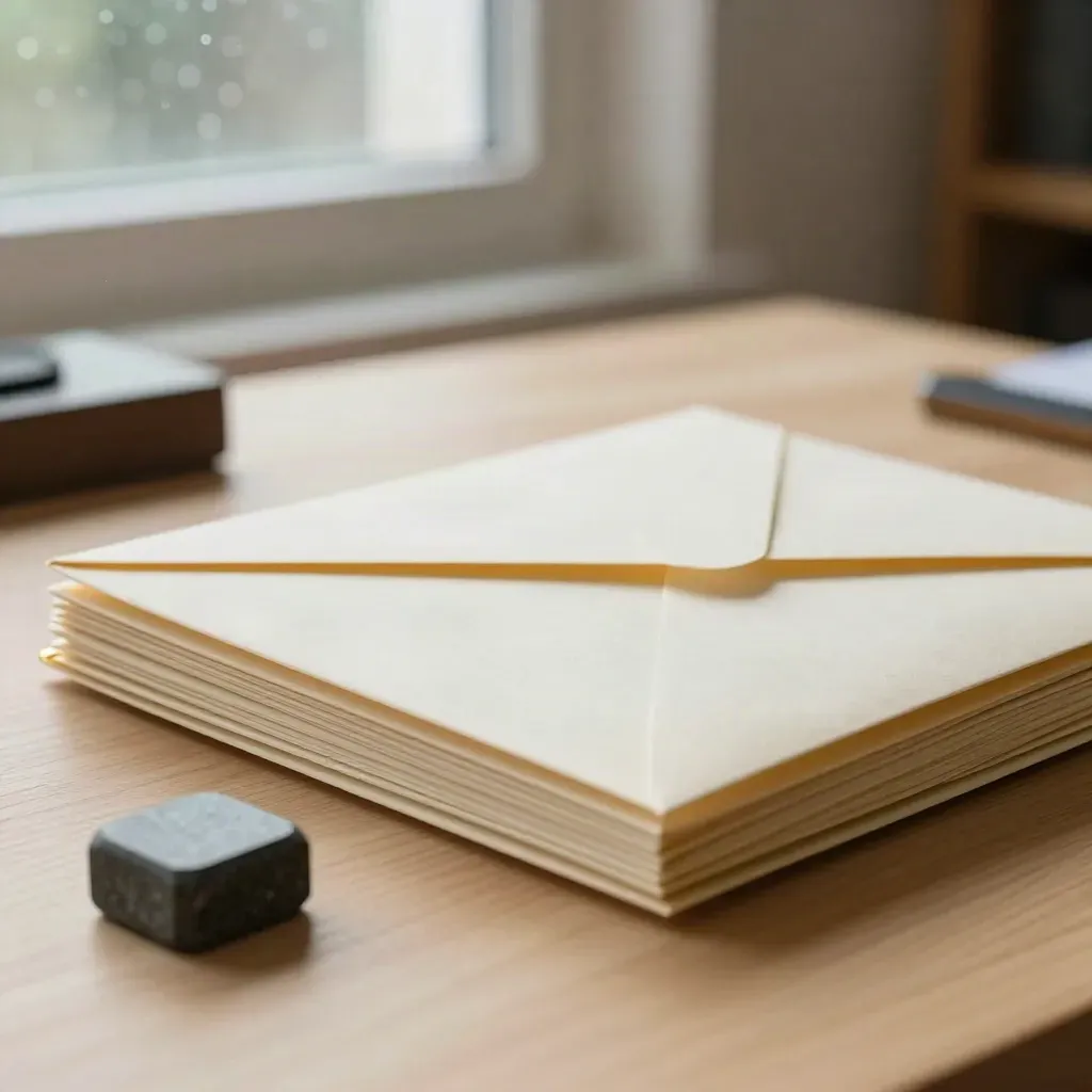 Cream envelopes, appeal packet and stone paperweight on a pale wood table by window light