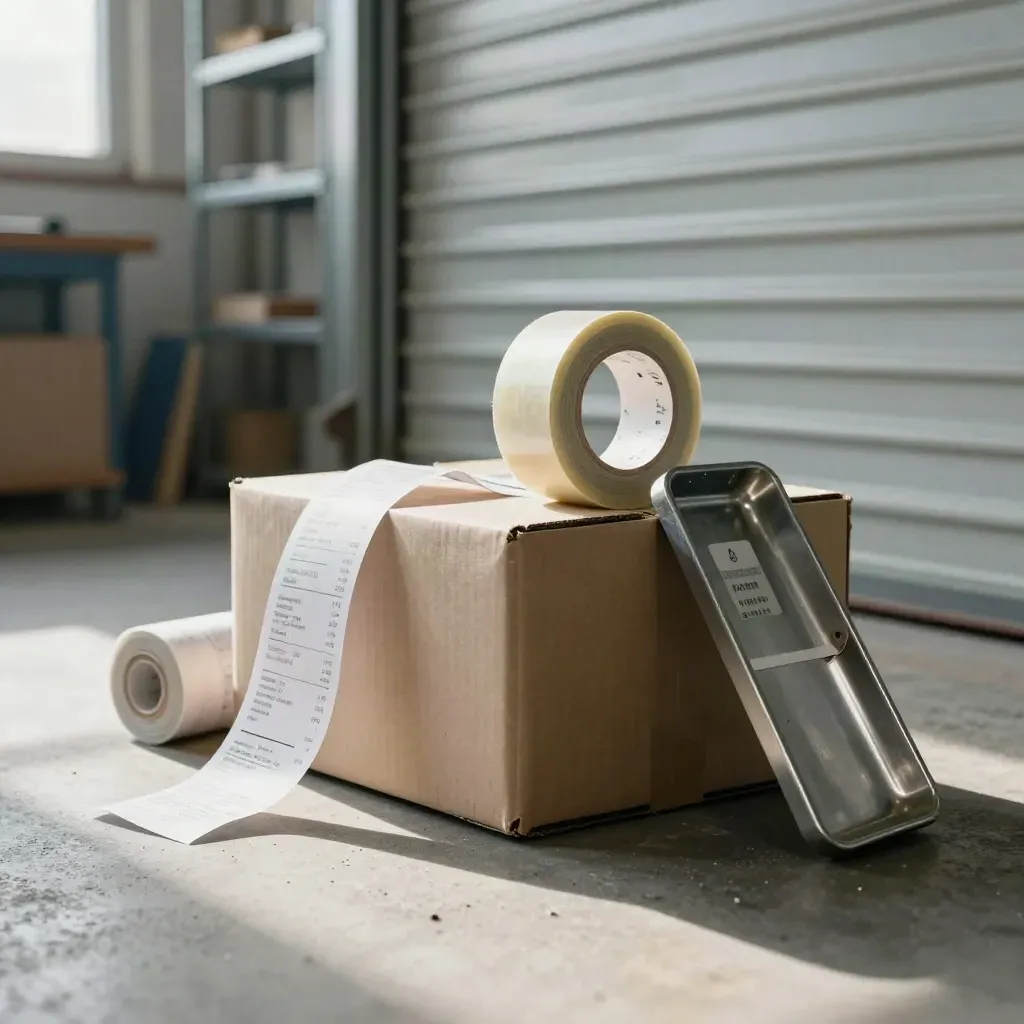 Boxed stock, tape rolls, and a damaged receipt tray on a workshop floor by a roller door.