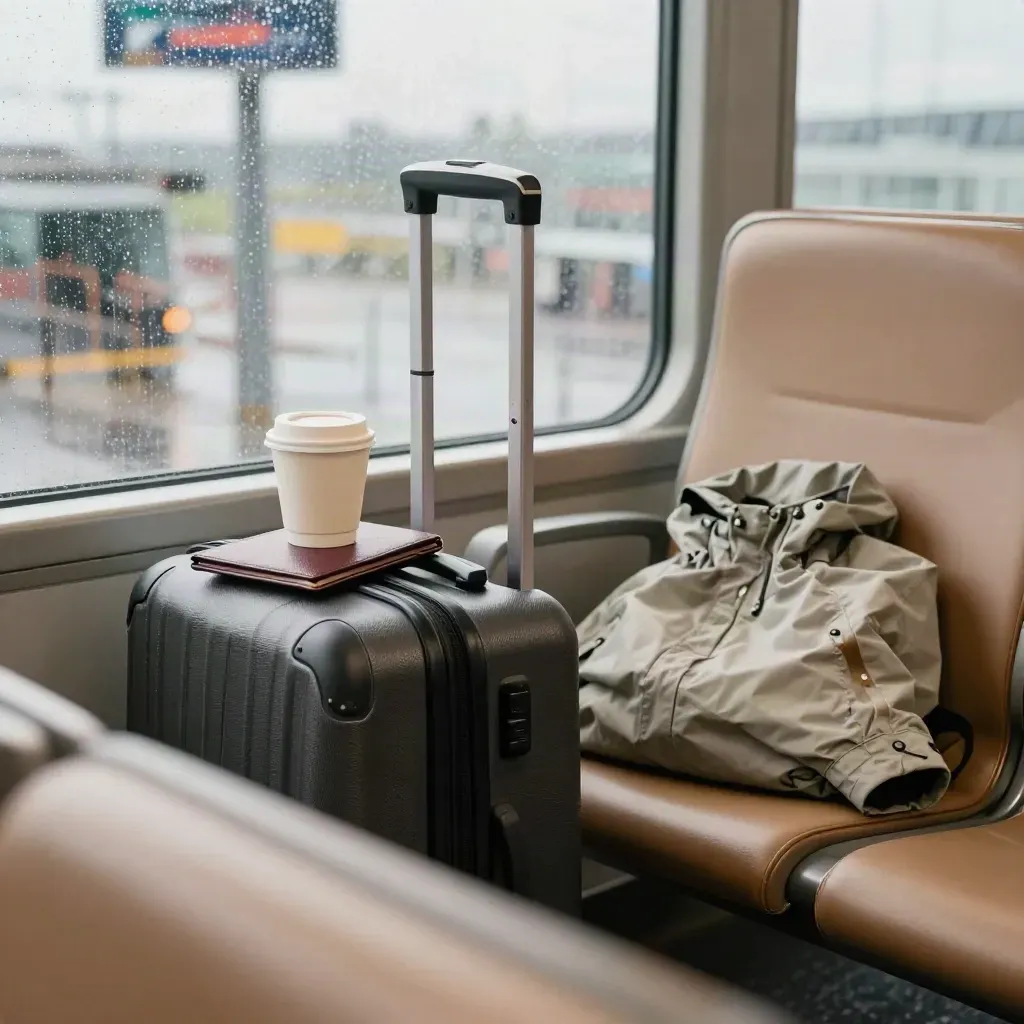 Rainy terminal seat with suitcase, passport sleeve, jacket, and coffee lid.