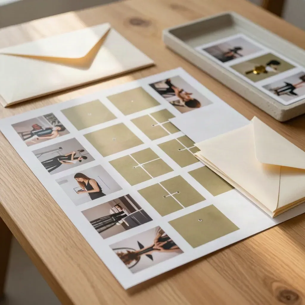 Face-down claim photo proofs, color tabs, and stone tray on a warm worktable.