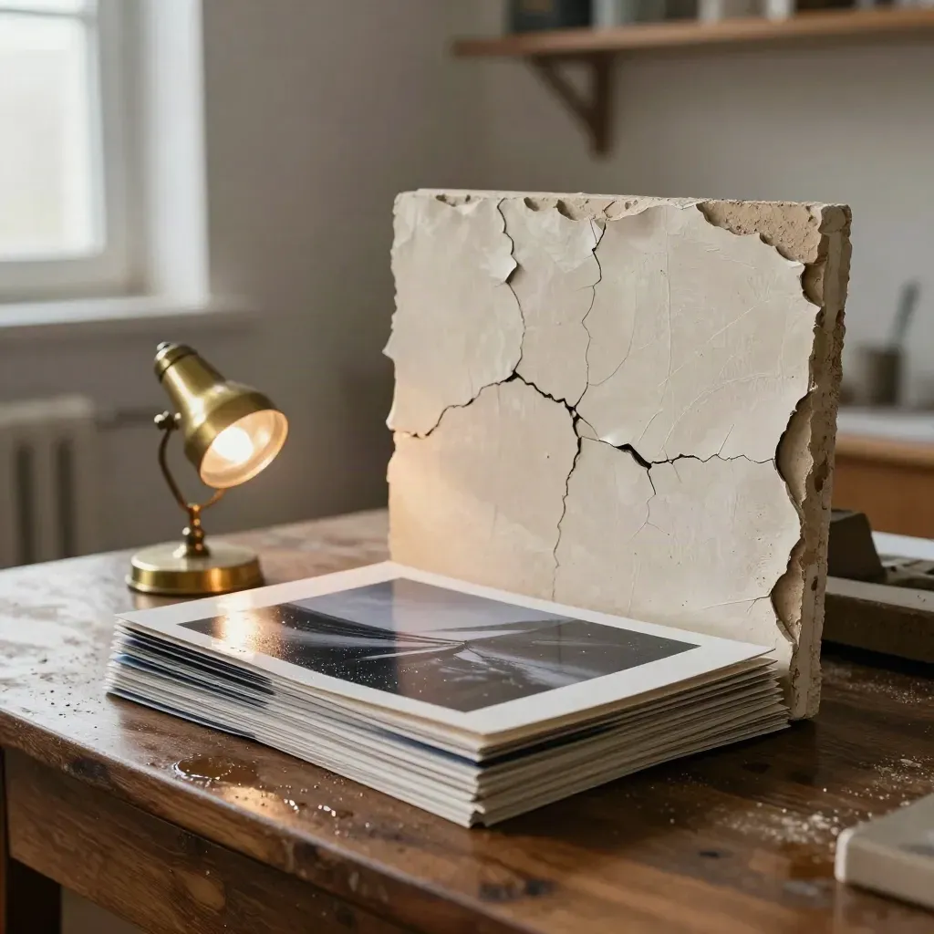 Cracked plaster sample, peeled paint chips, and damp photo prints on a workbench.