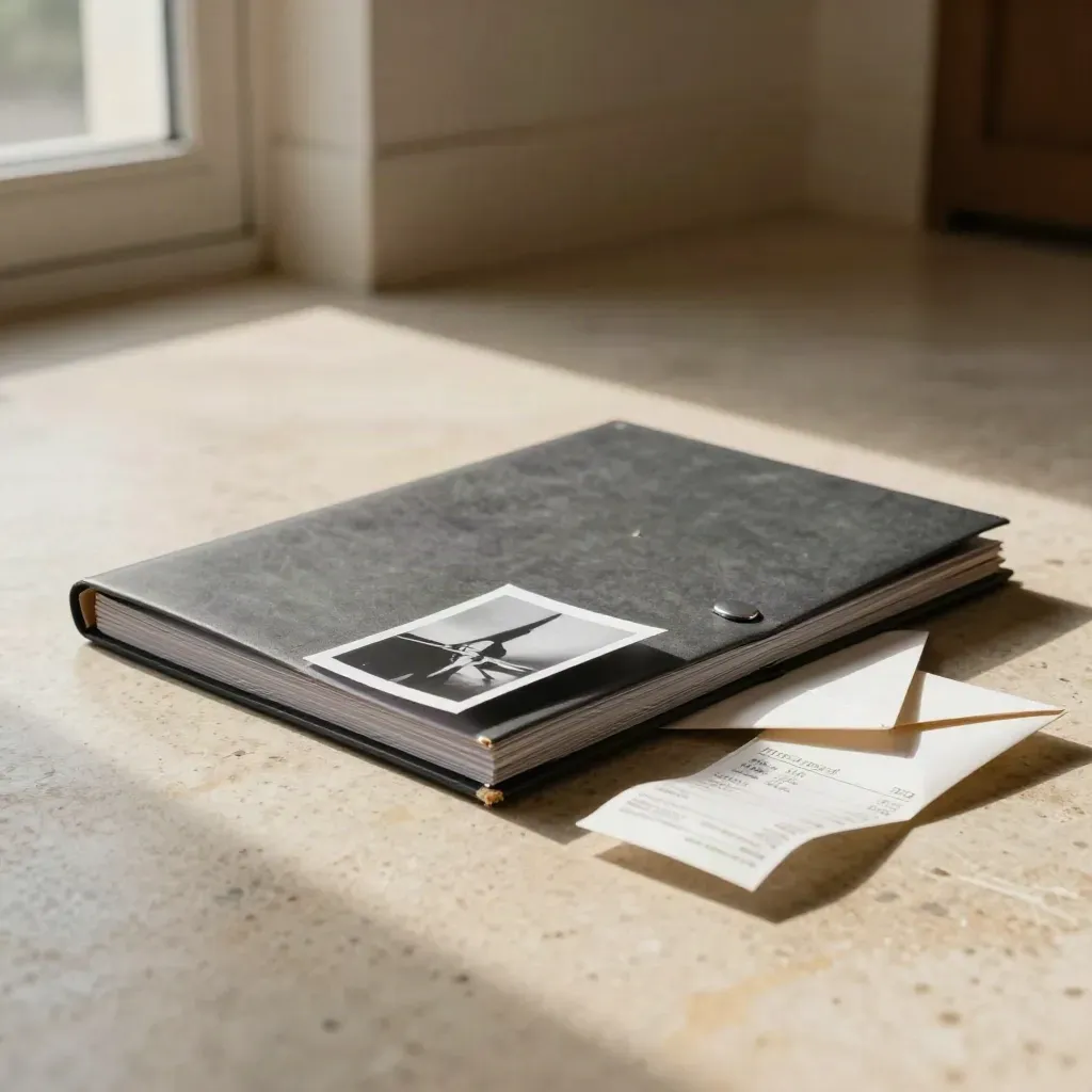 Claims folder, sealed envelope, and receipt packet on a travertine floor in warm window light