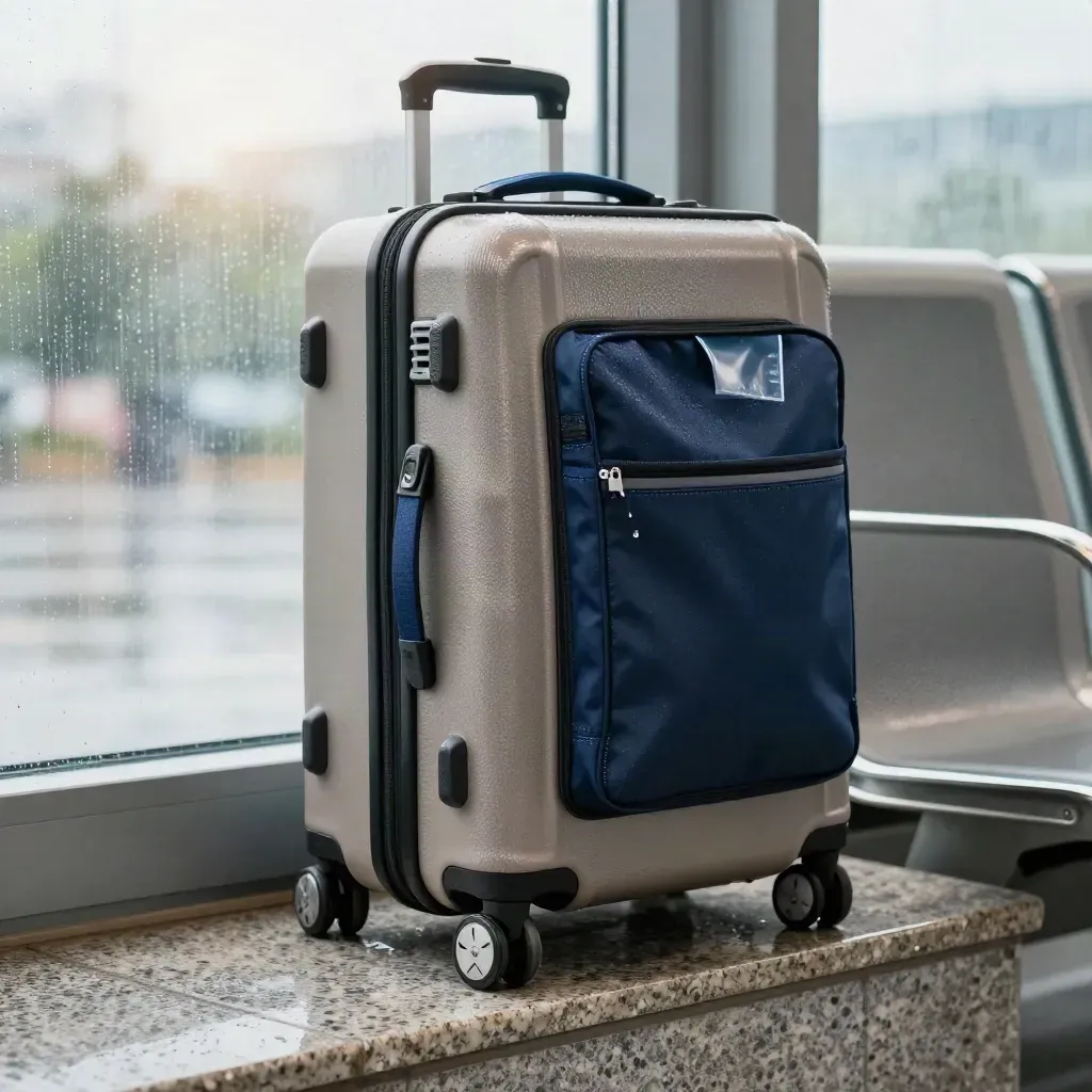 Rain-speckled carry-on case and navy travel pouch on a terminal ledge beside glass.