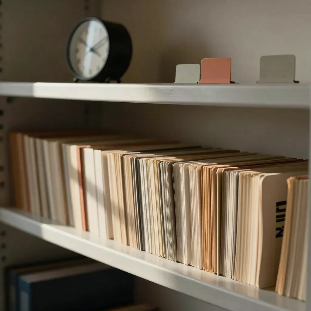 Clipped case cards on a shelf with a blurred clock and colour tabs in dramatic light