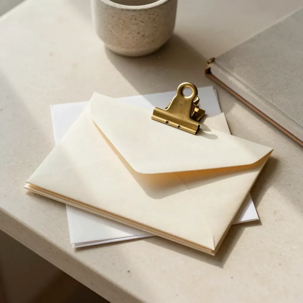 Overhead still life of cream envelopes, brass clip, notebook and stone cup on a pale stone desk.