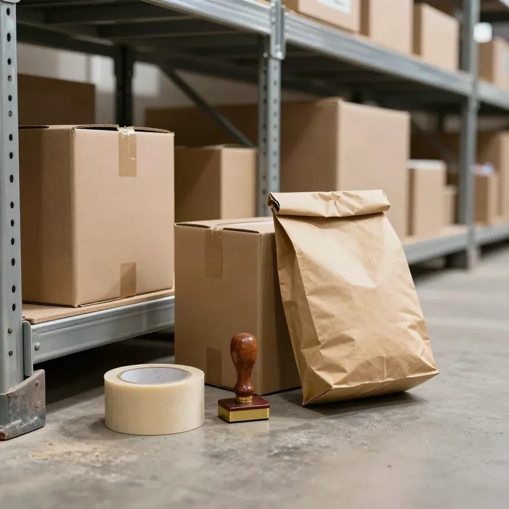 Warehouse aisle still life with cartons, tape rolls, stamp, and folded pouch in daylight.