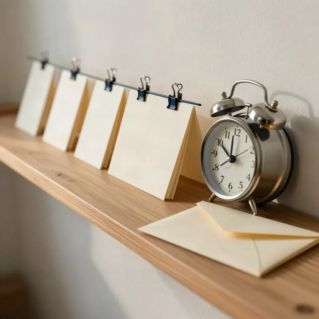 Date cards, alarm clock, and envelopes on a shelf in soft morning light.