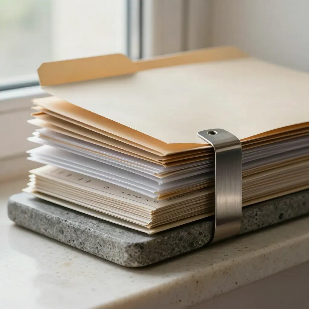 Extreme macro of a closed evidence folder with clear sleeves and face-down receipts on a stone tray.