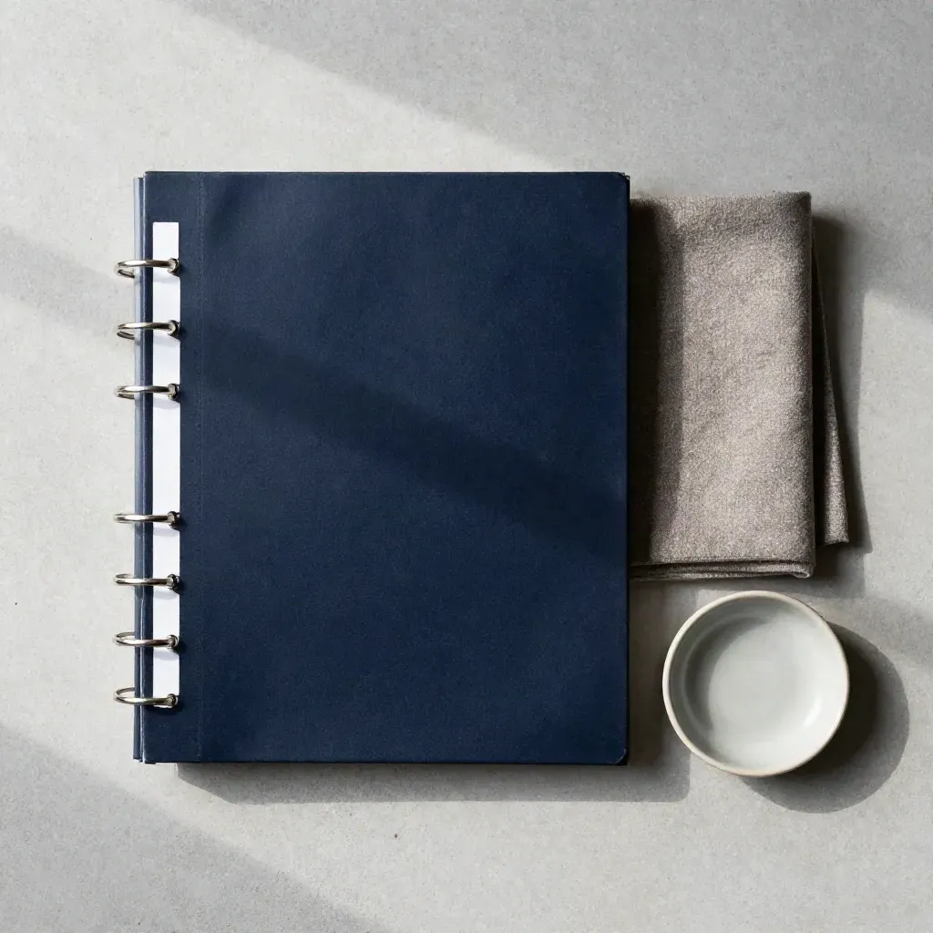 Overhead flatlay of a navy binder, folded wool cloth, and ceramic dish on pale concrete.