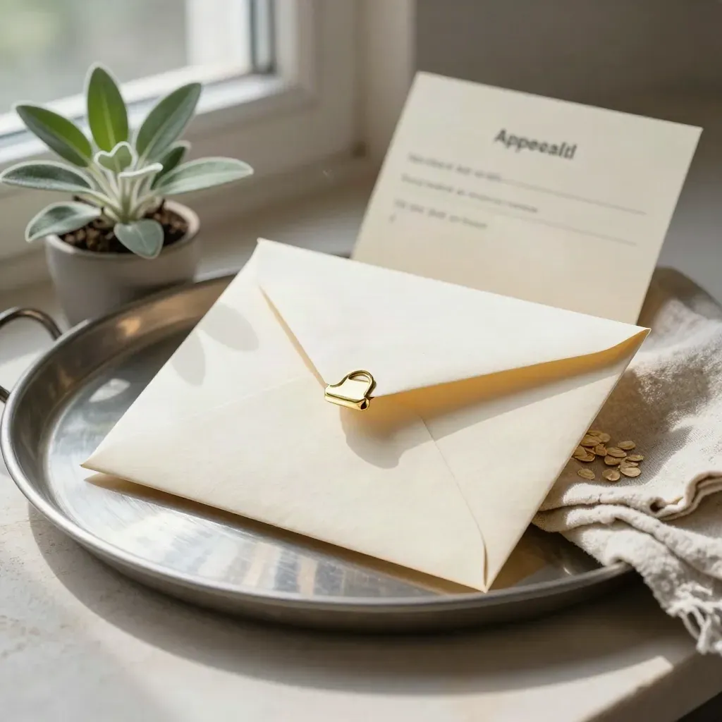 Cream appeals envelope packet on a pewter tray with herb, linen cloth, and soft window light.