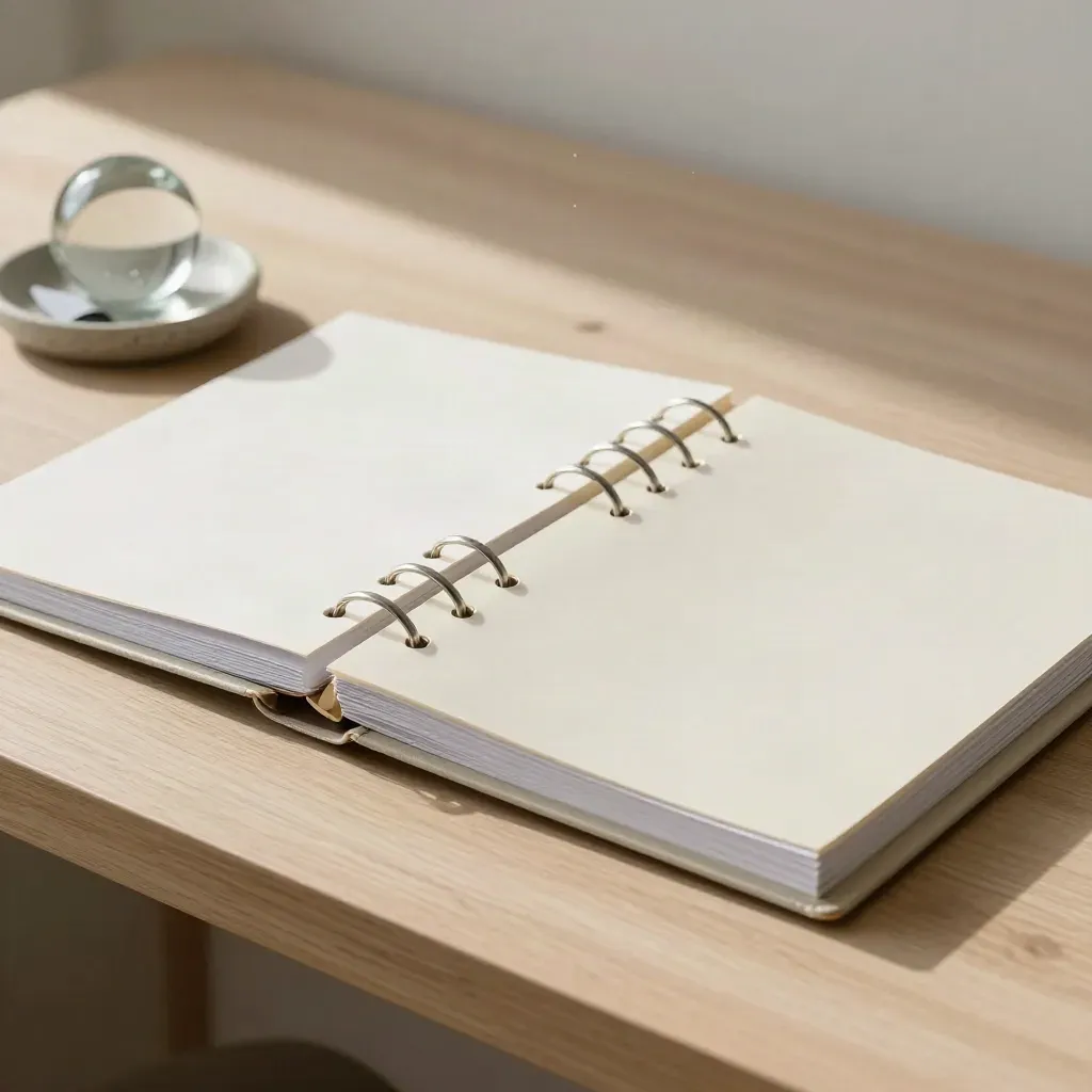 Open evidence binder with clear sleeves, paperweight and stone dish on pale wood.