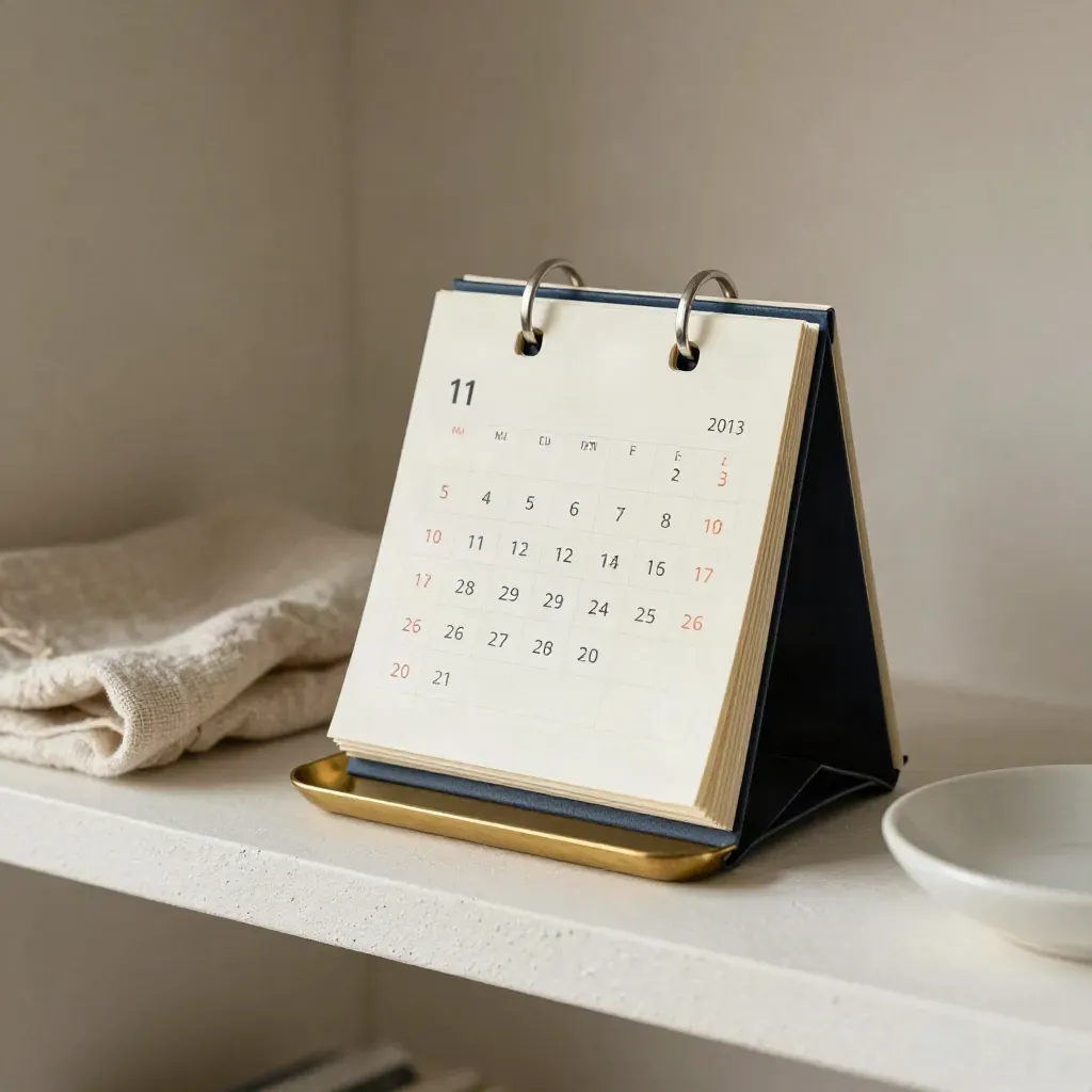 Desk calendar block with navy tabs and a brass tray on a pale shelf.