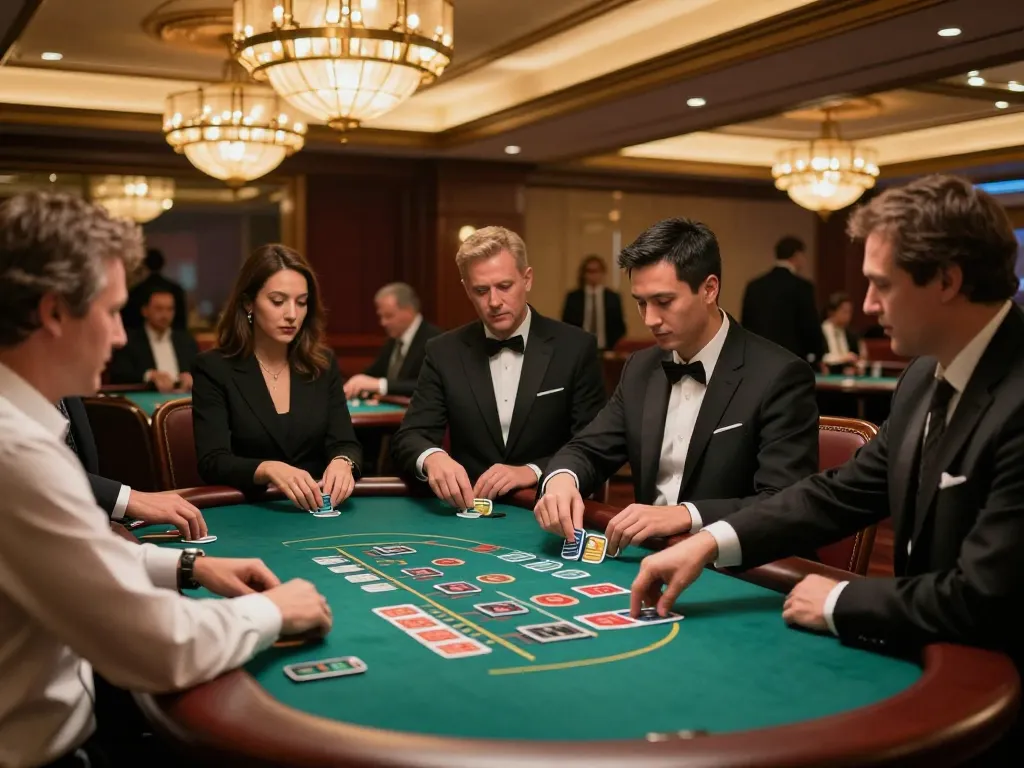 Net 88 players strategizing at a blackjack table in a luxurious casino setting.
