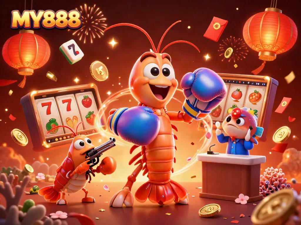 Engaging MY888 illustration depicting a mantis shrimp boxer with game elements like slots and coins.
