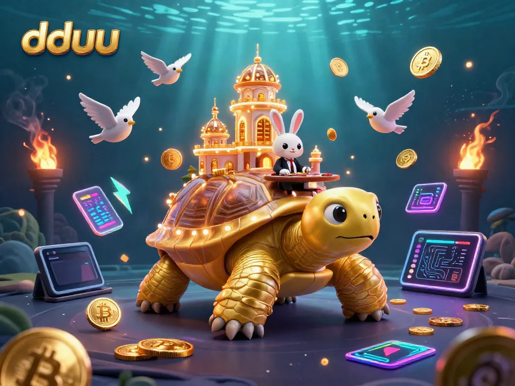 Experience thrilling gambling at dduu with a golden tortoise casino illustration featuring a rabbit dealer and golden coins.