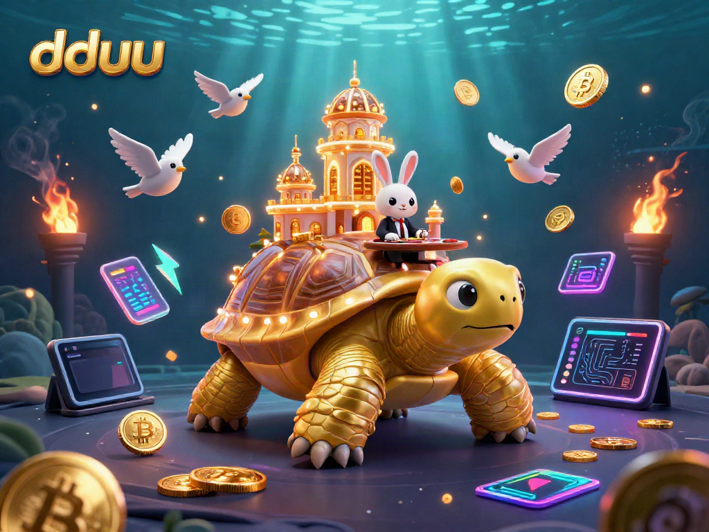 Experience thrilling gambling at dduu with a golden tortoise casino illustration featuring a rabbit dealer and golden coins.