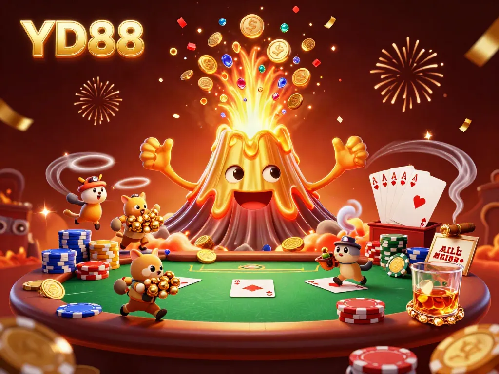 Experience the thrill of YD88 with a vibrant 3D casino scene featuring an erupting golden volcano, exciting poker elements, and treasure animals.