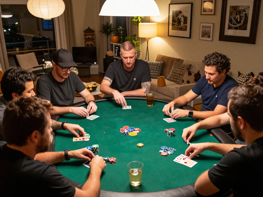Engaging poker game night showcasing friends playing together, strategizing with betflix chips in hand.