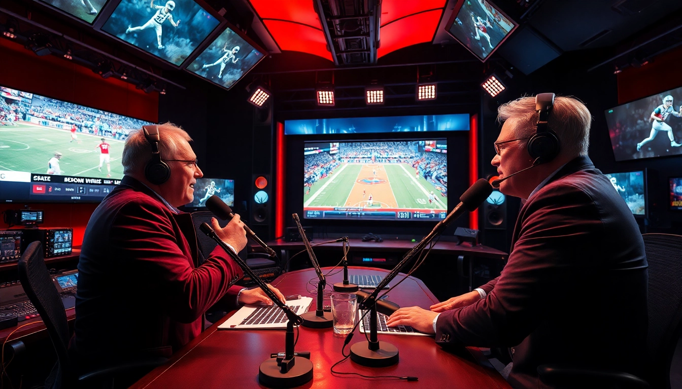 Dynamic announcers in a sports broadcasting studio delivering live commentary.