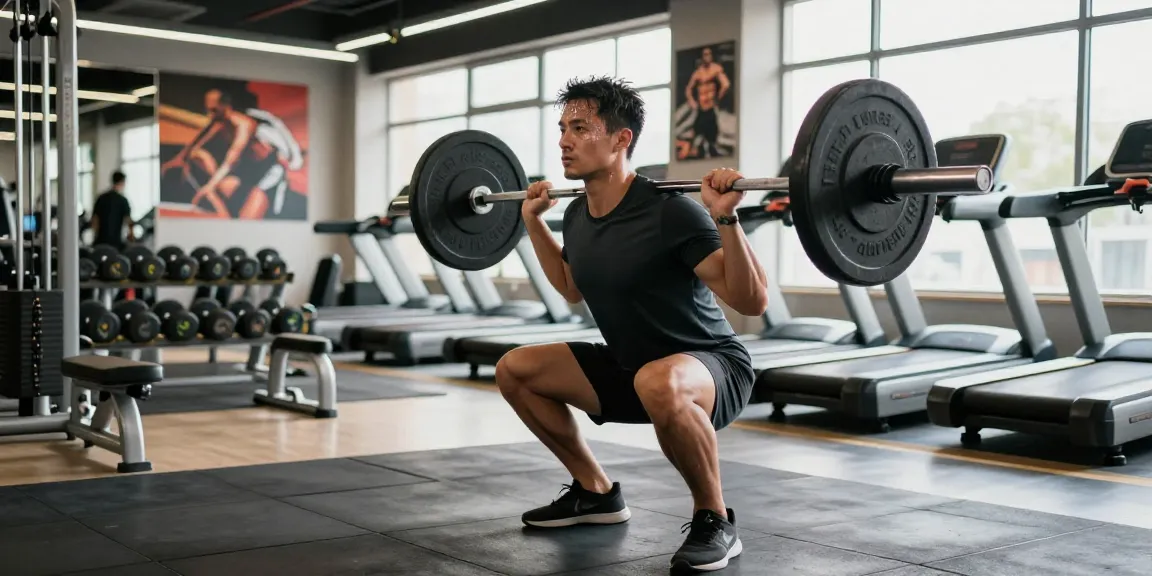 Steroide Boutique fitness scene with an athlete performing squats in a bright gym.
