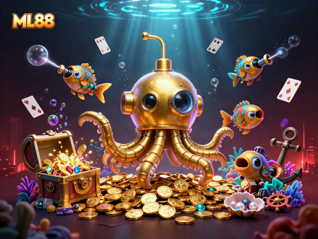 Engage in thrilling fish shooting gameplay at ML88 with the golden kraken submarine, vibrant visuals, and underwater treasures.