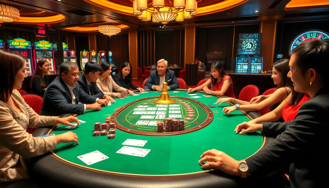 Players enjoying an exciting game scene at Nhà Cái GA88, showcasing vibrant casino elements and a luxurious atmosphere.