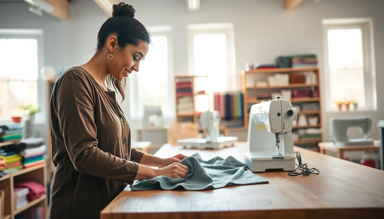 Stof kopen per meter: kleurrijke stoffen in een naaiatelier met creatieve omgeving.