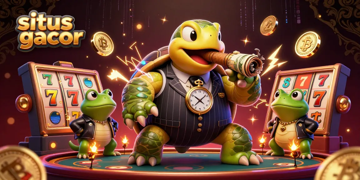 Engage with situs gacor's vibrant casino scene featuring a stylish turtle and bullfrogs surrounded by slot icons.
