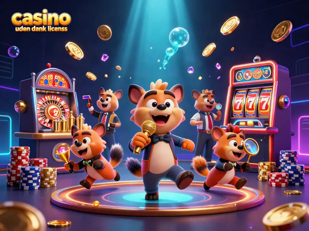 Play and win at casino uden dansk licens with hyena characters in a vibrant 3D casino scene.