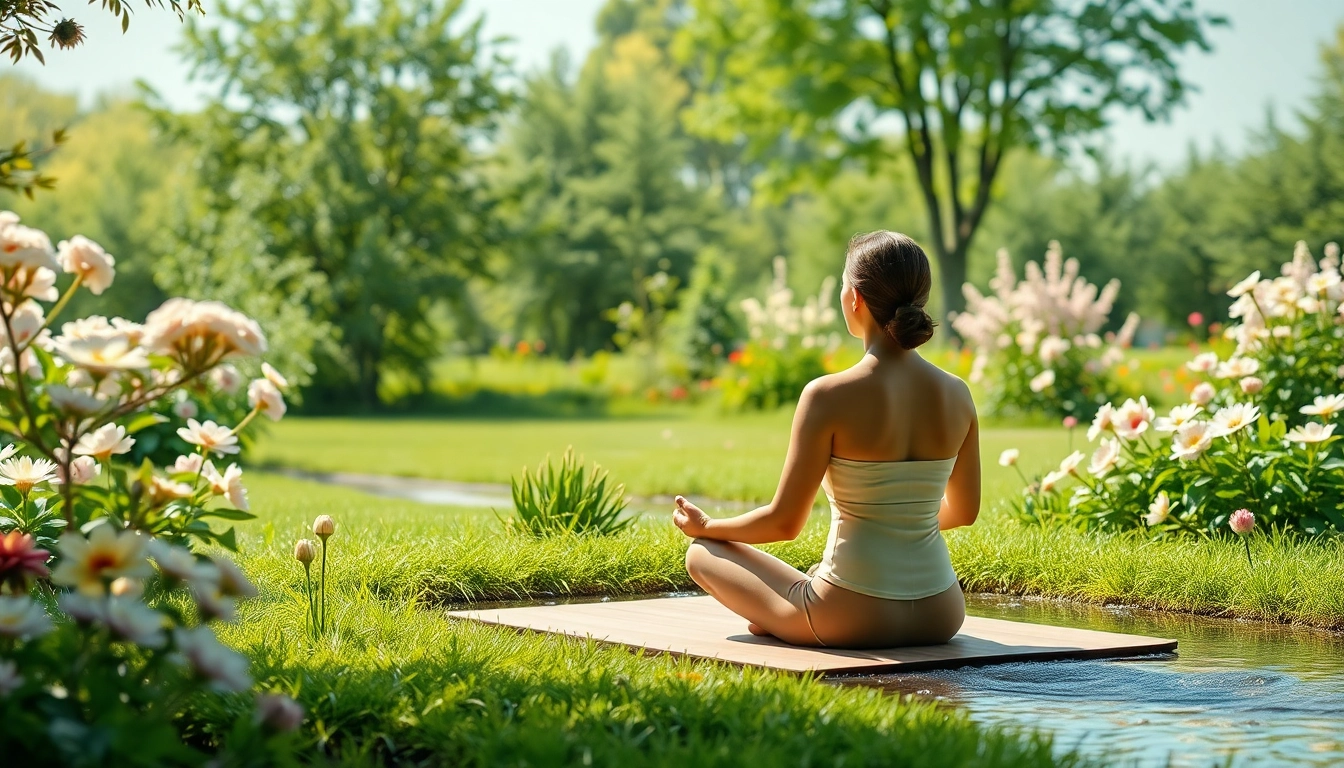 An individual meditating in a tranquil garden illustrating stress and anxiety relief techniques.