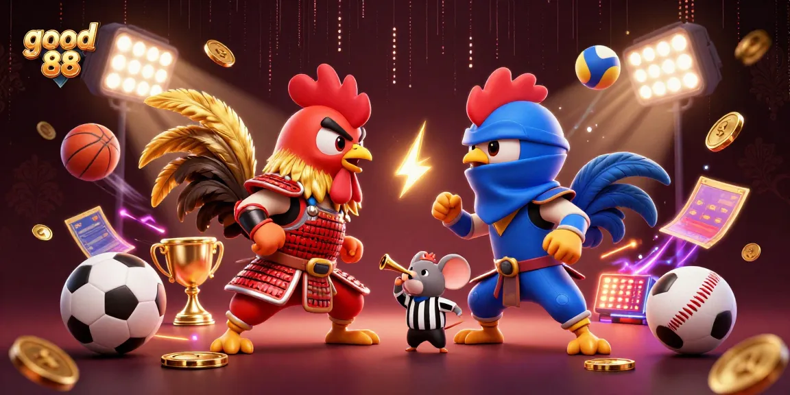 Engage in thrilling gameplay at good 88 with cartoon roosters facing off in a vibrant gambling scene.