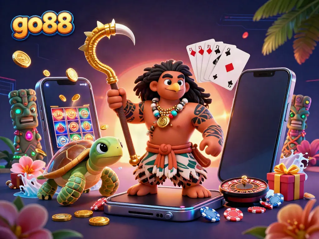 Engage with go88 through vibrant online casino gaming featuring Polynesian characters and vibrant slot elements.