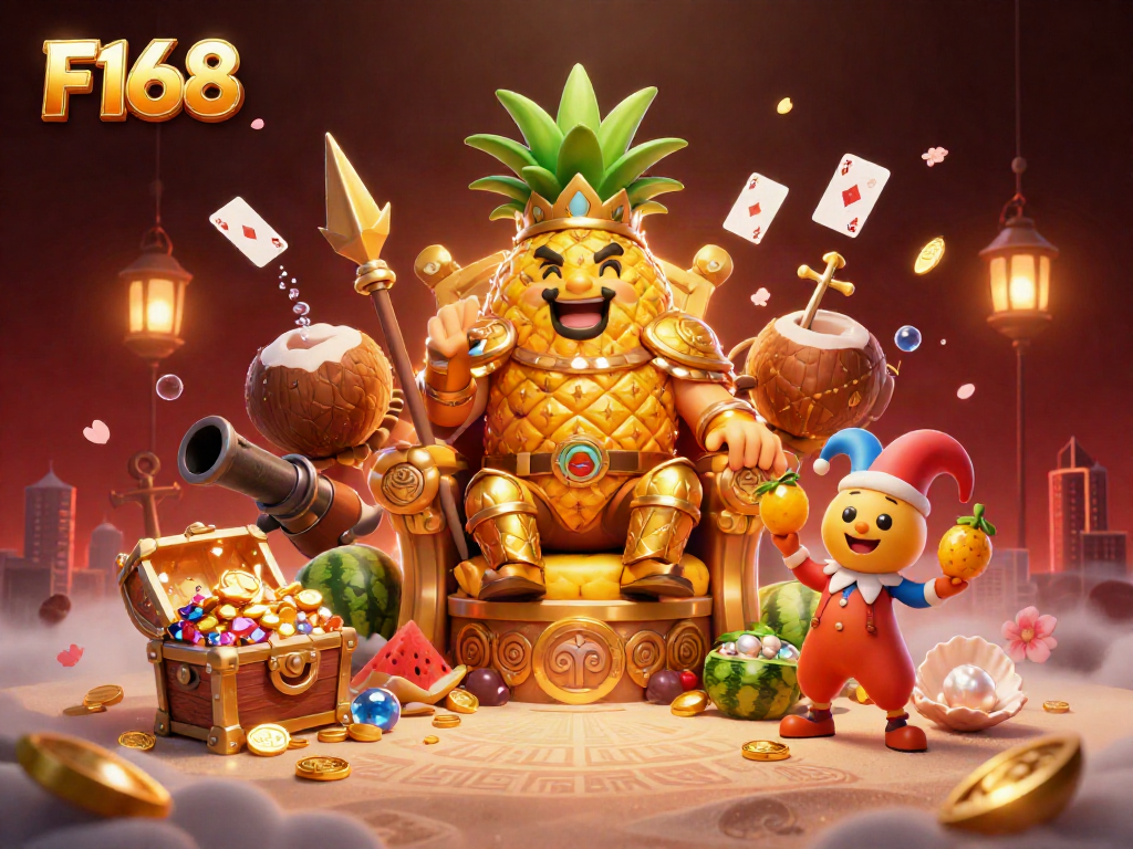 Experience thrilling gameplay with F168 as the golden pineapple king rules a vibrant beach casino.
