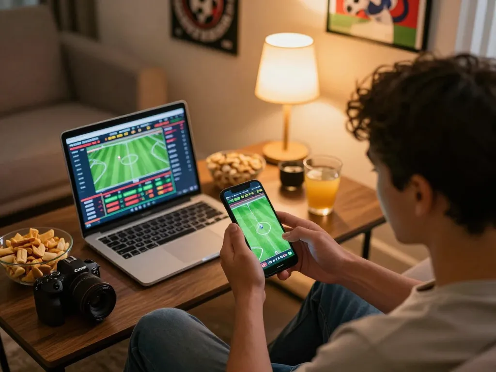 Check live kết quả bóng đá during an exciting home sports betting session with warm ambient lighting.