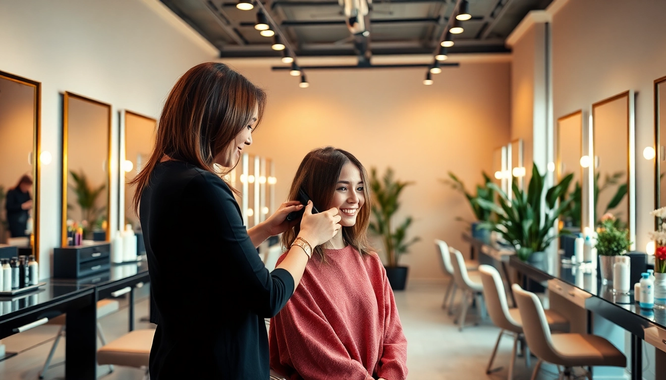 Experience the melhor salão de cabelo, featuring a vibrant salon environment with expert stylists at work.