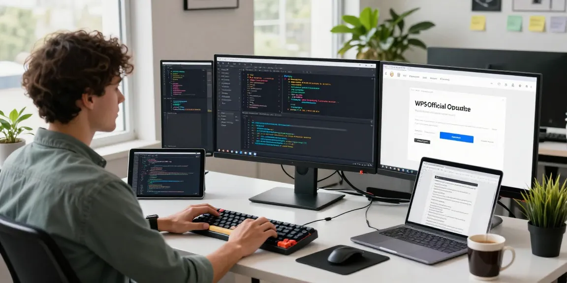 Dynamic office scene showcasing a developer engaged with the WPS Official Website on multiple screens, highlighting a productive tech environment.