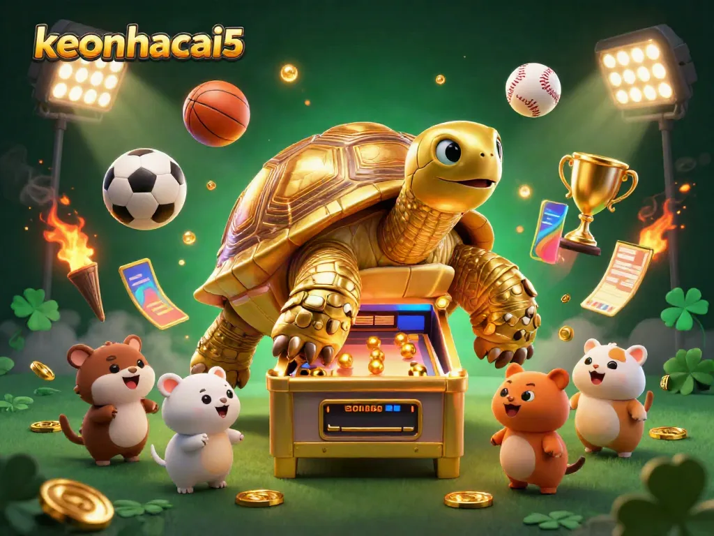 Engage with exciting keonhacai5 sports betting activities featuring a colossal golden tortoise, sports balls, and dynamic elements.