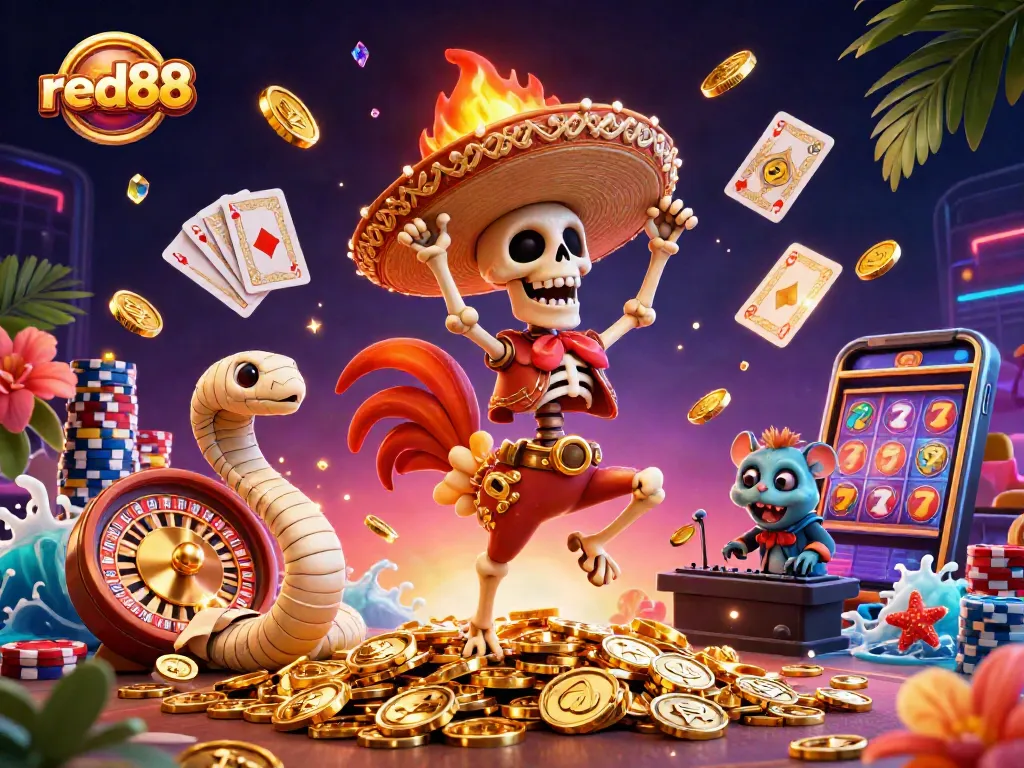 Experience excitement at red88 with animated casino characters celebrating wins among flying coins and gems.