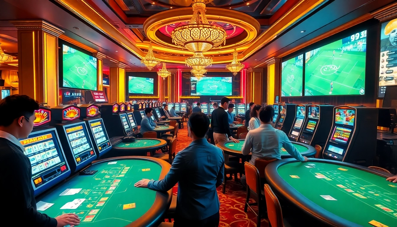 Watch đá gà trực tiếp in a lively casino scene with vibrant betting activities.