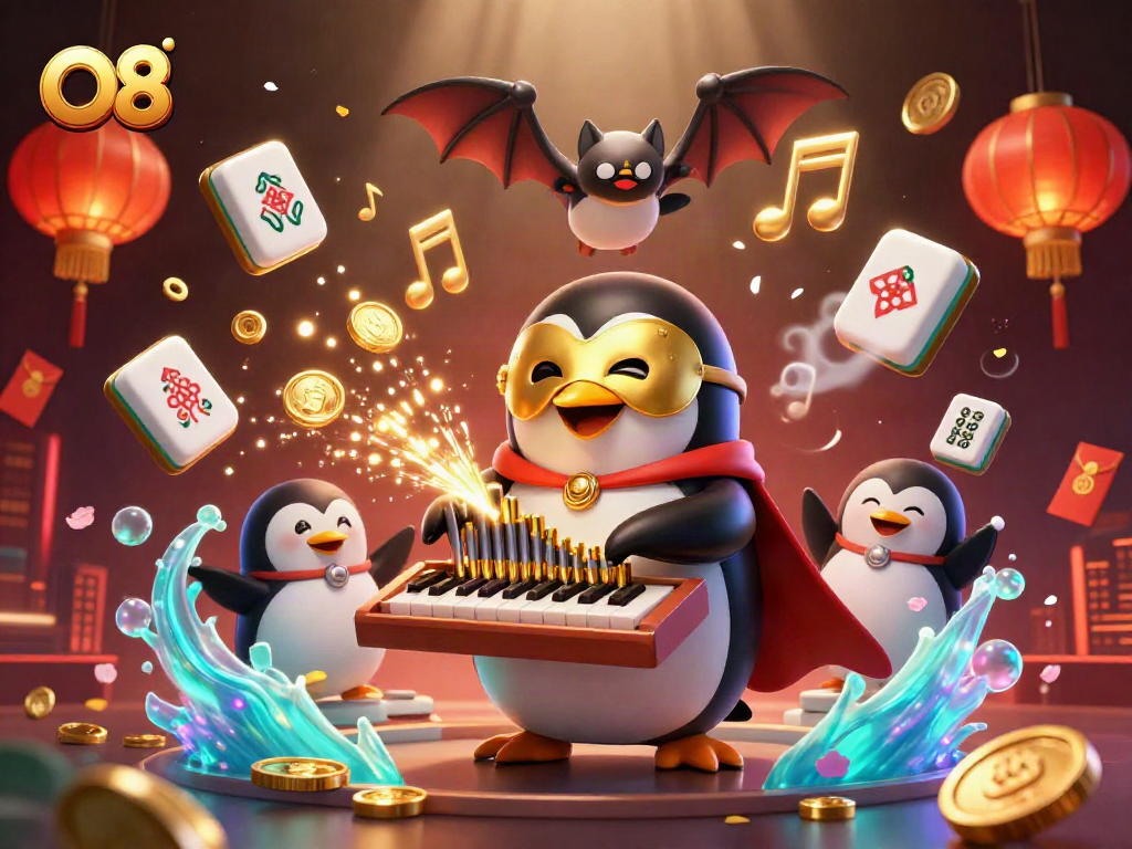 Spin the reels with O8's captivating 3D casino scene featuring a phantom opera penguin.