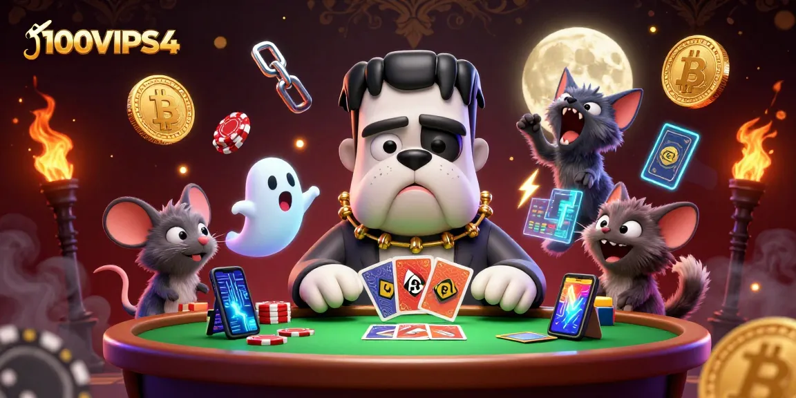Engage with thrilling card games at 100VIPS4 featuring vibrant characters and crypto coins.