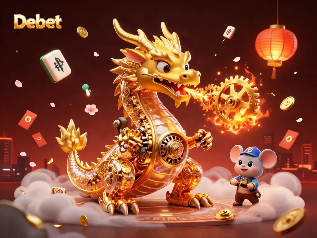 Experience the thrill of Debet with a golden dragon and vibrant gaming elements in a dynamic casino scene