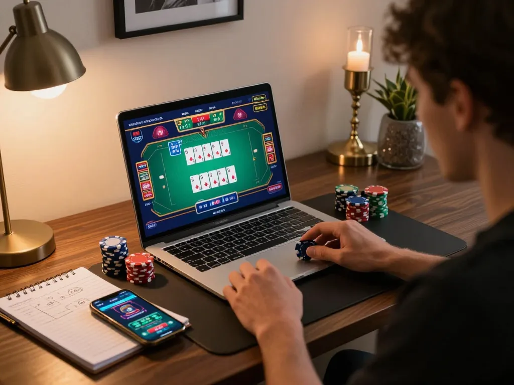 Engage in strategic gaming with Sunwin while playing online poker at home, showcasing player interaction and focused atmosphere.
