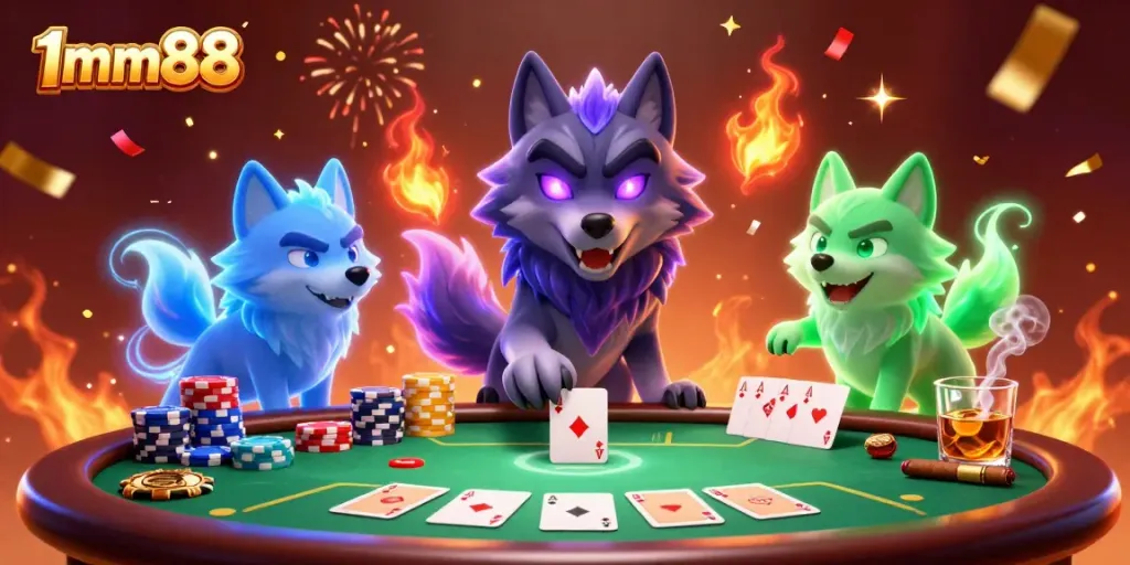Experience high-stakes poker action with 1mm88's animated wolf-themed casino illustration featuring vibrant elements.