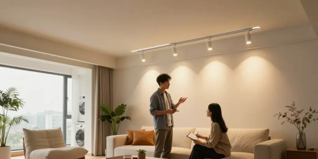 Iluminat modern cu sina magnetică în living elegant, arhitect discutând cu clientul.